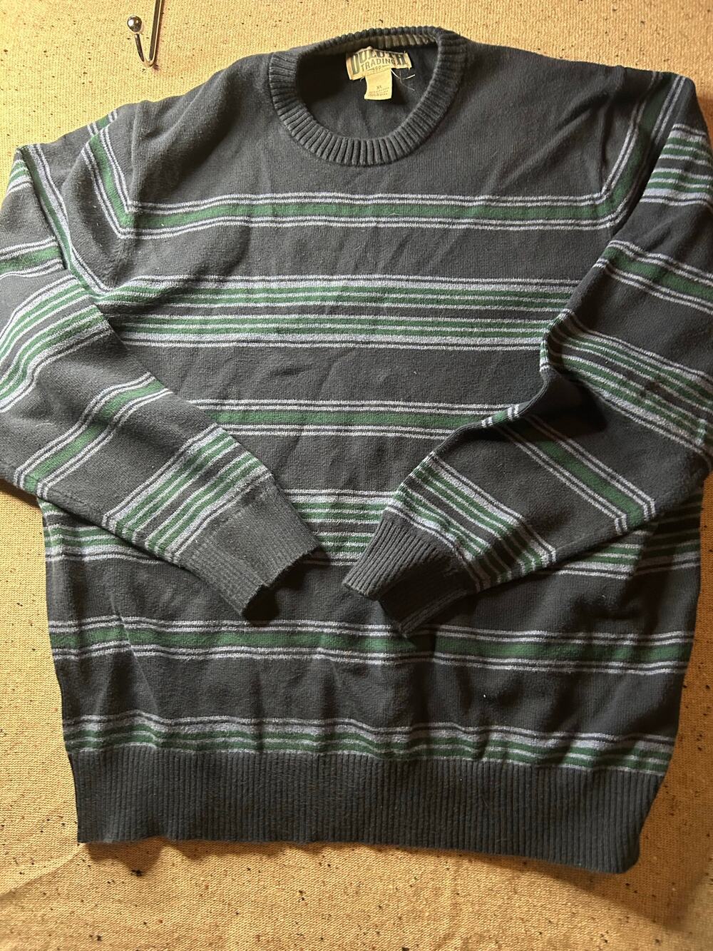 Duluth Trading Co. Men’s Cotton Sweater XL Blue Green Stripe Crewneck